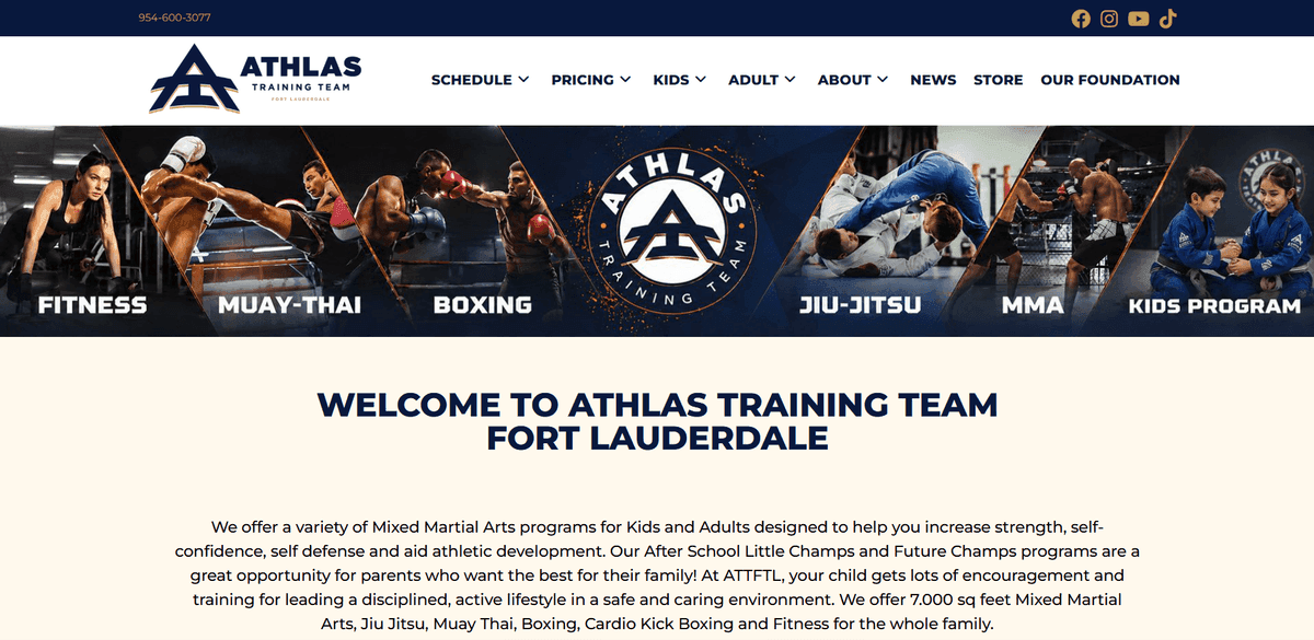 Hero do site da Athlas Training Team, academia de artes marciais em Fort Lauderdale
