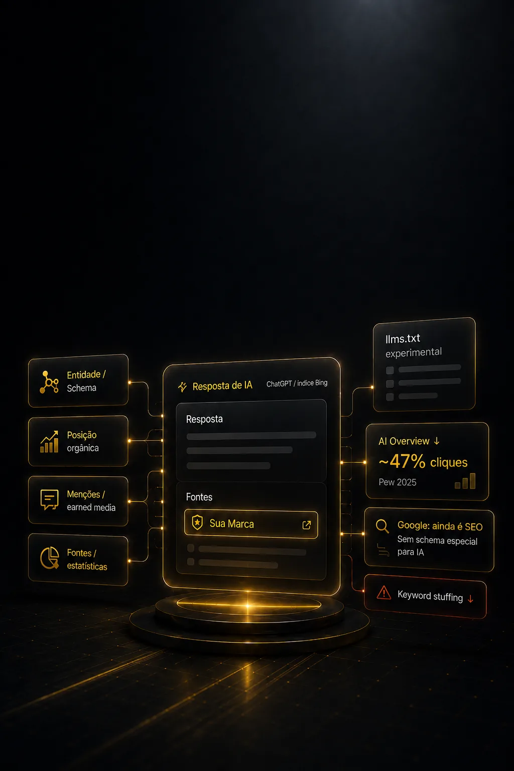 Painel de visibilidade em IA com dados estruturados lidos por ChatGPT, Gemini e Perplexity