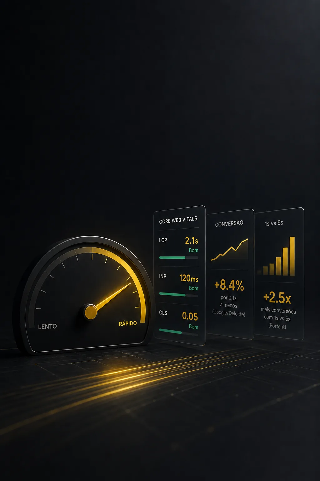 Painel de Core Web Vitals com velocímetro de performance e métricas de conversão