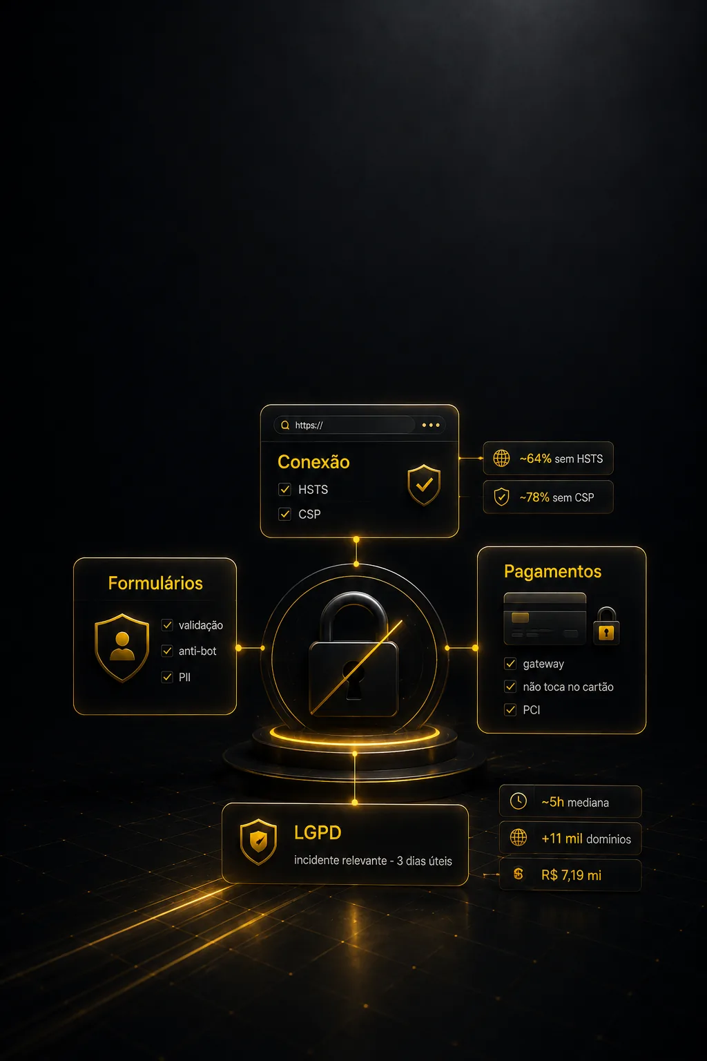 Painel de segurança com security headers, nota A+ e camadas de proteção do site